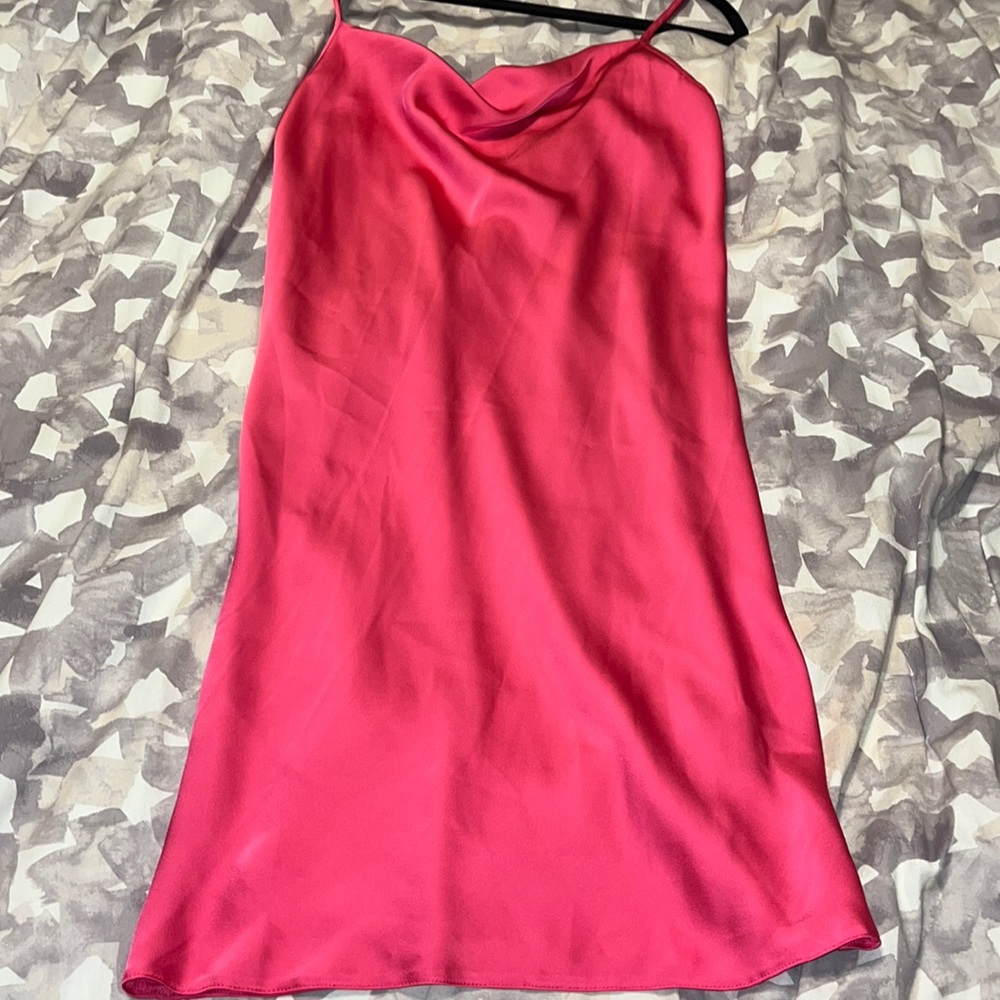 Hot pink silk mini dress with crowl neck